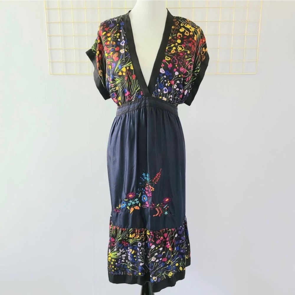 S O L D Fei Anthropologie Efflorescent 100% Silk Blue Floral Dress V-Neck Large - Picture 2 of 16